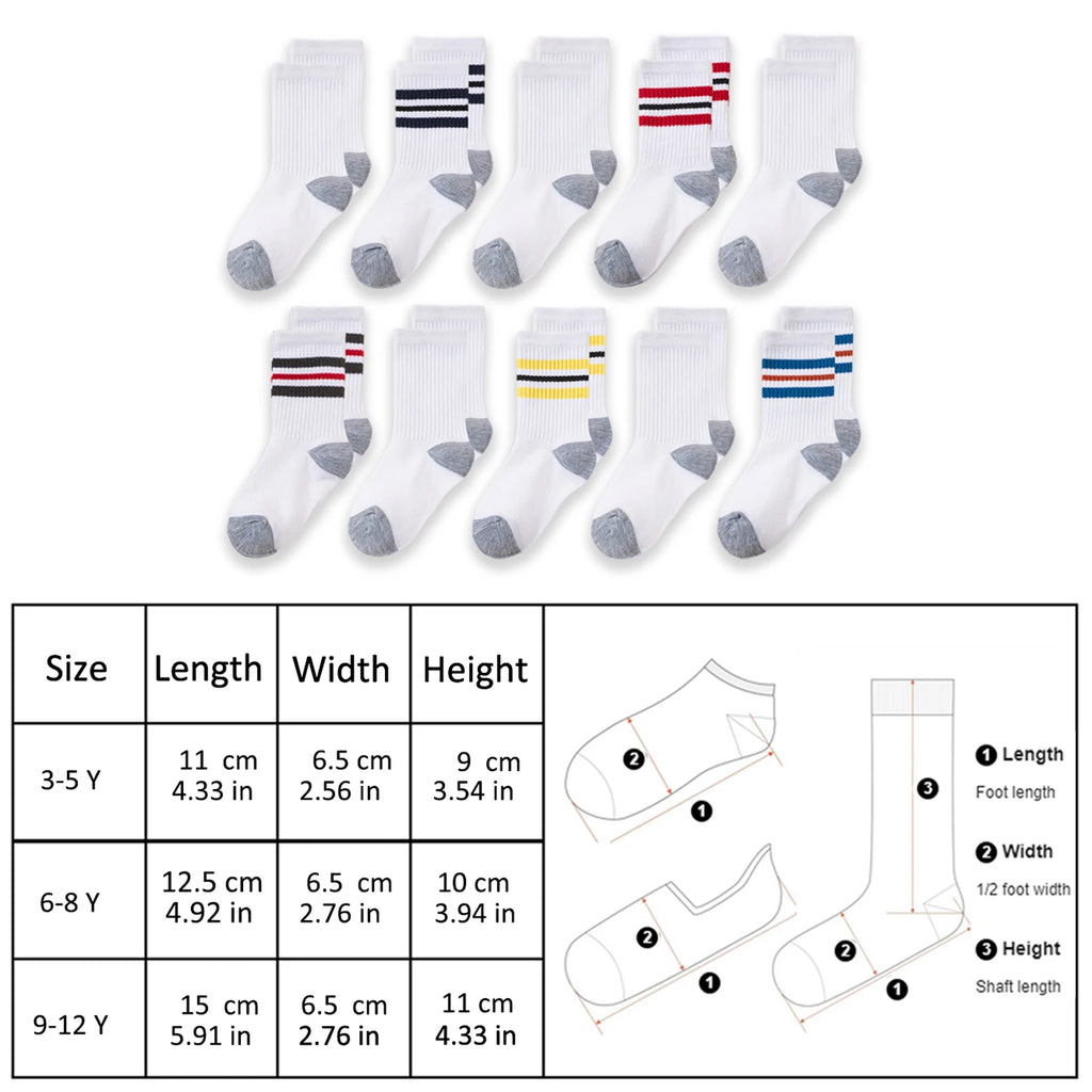 10 Pairs Kids' Sports Mid-Calf Socks, Classic Striped and Color-Blocked Design, Suitable for Students to Wear Back to School