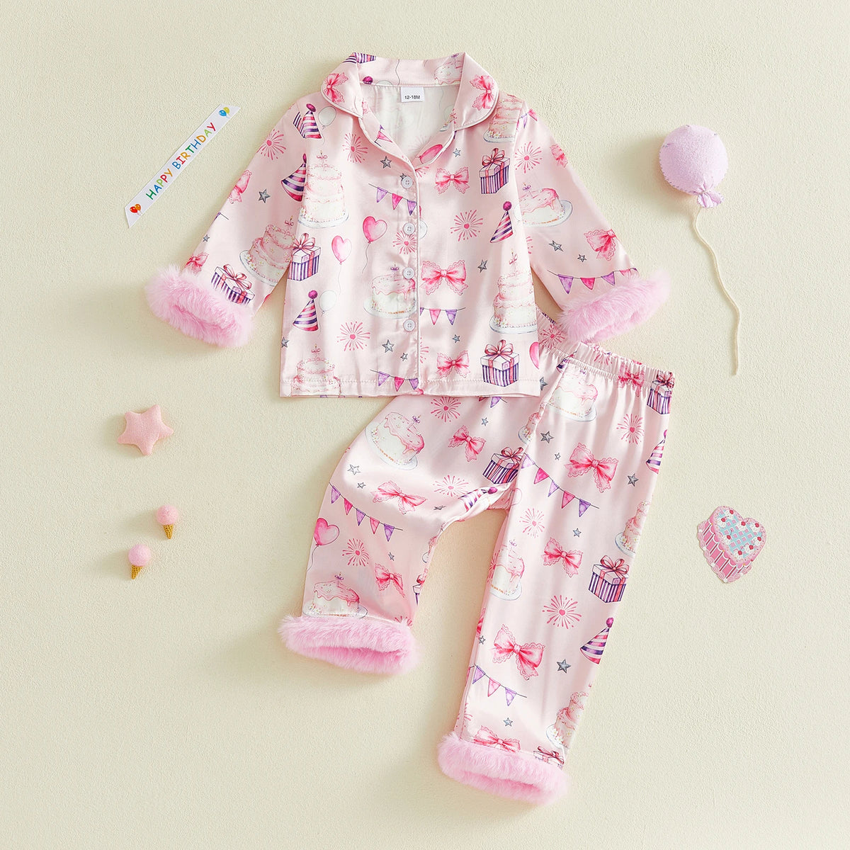 Birthday Toddler Baby Girls Pajama Sets Spring Loungewear Long Sleeve Lapel Button Cake Balloon Print Shirt Pant Sleepwear