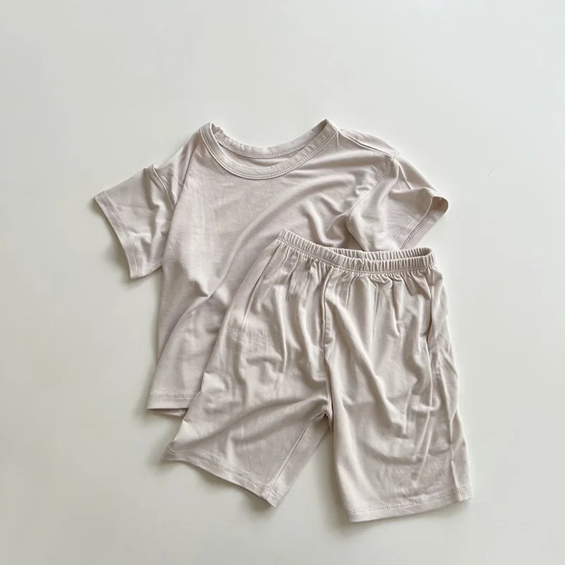 2026 Summer New Children Short Sleeve Pajamas Two-piece Set Boys Girls Thin Cotton Homewear 2pcs Suit Solid Toddler Outfits