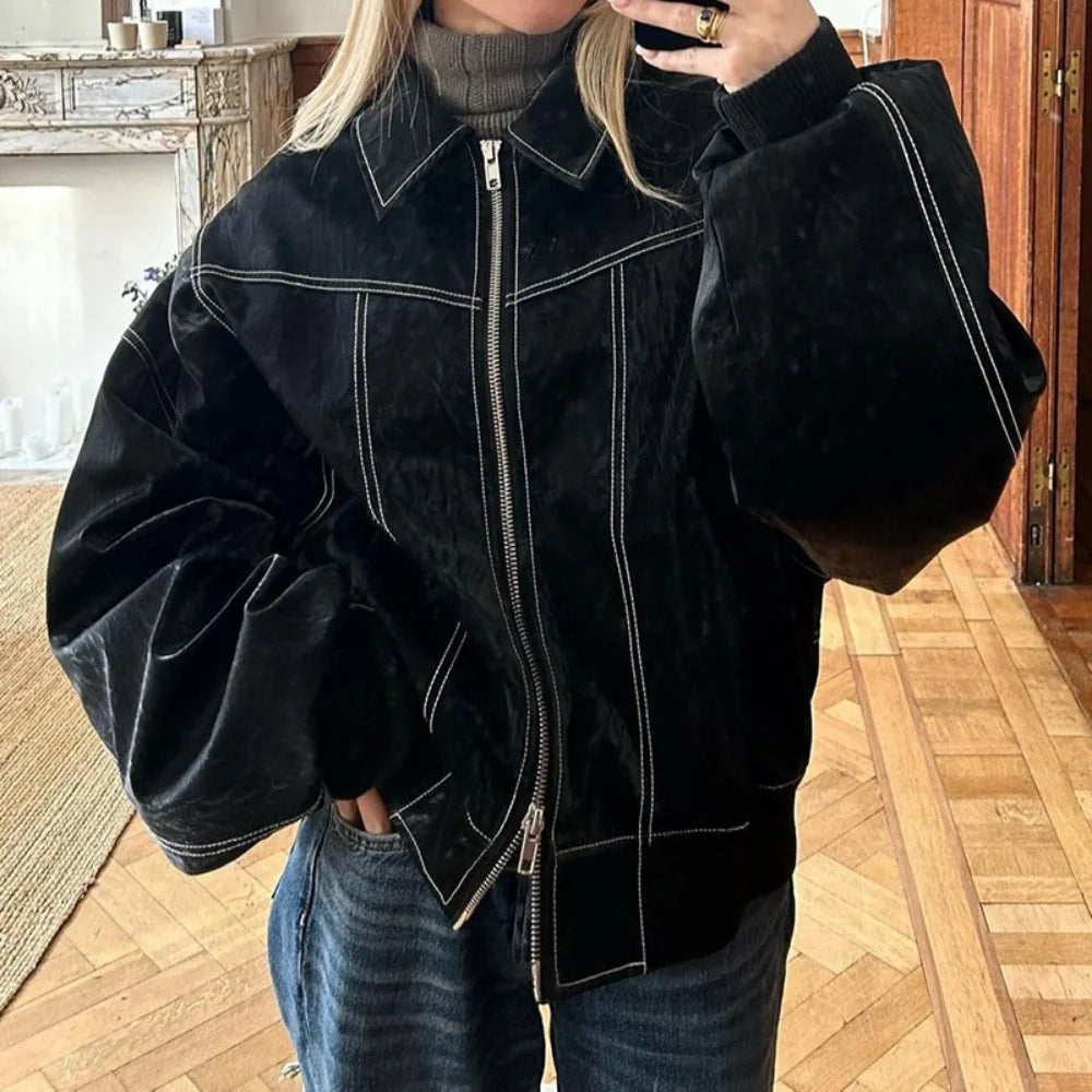 Faux Leather Jacket Women Streetwear Fashion Lapel Long Sleeved Zipper Leather Jacket