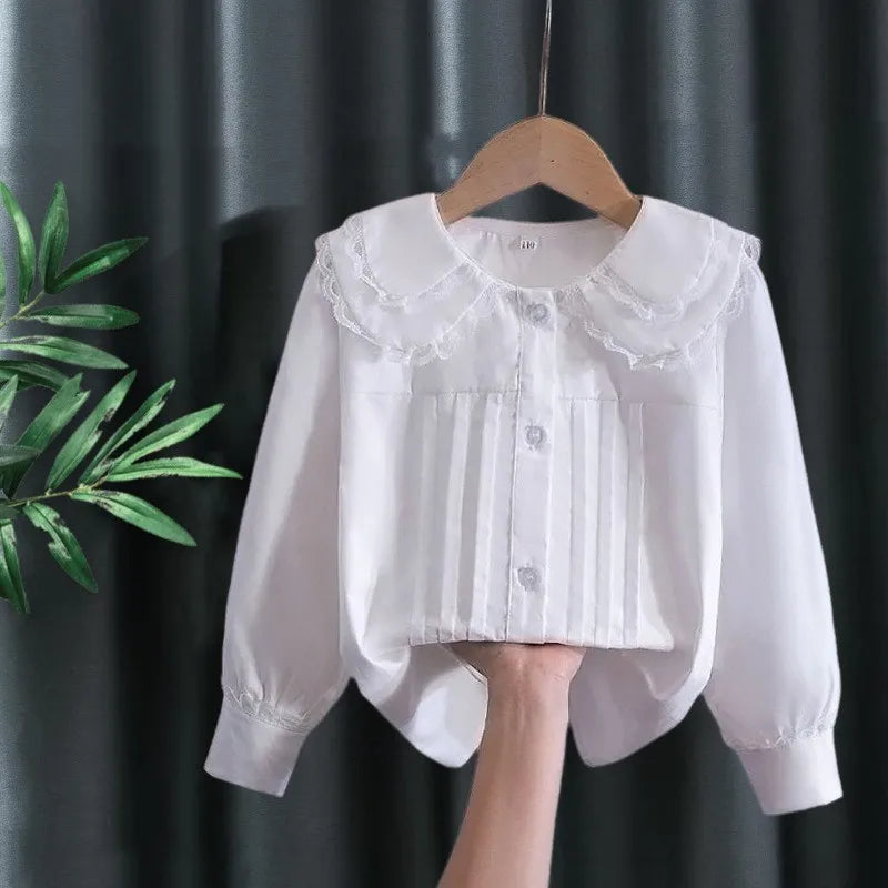 Kids Shirt White Long Sleeve Spring Autumn Class Uniform Performance Costume Lace Girls Student Wear New Girls