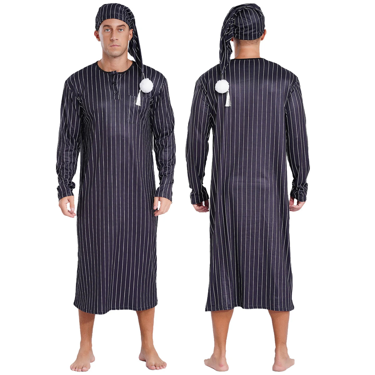 Mens Arabian Muslim Pajamas Adjustable Sleep Hat Robe with Hat Long Sleeve Long Robe And Pompom Cosplay Outfits Sissy Nightwear