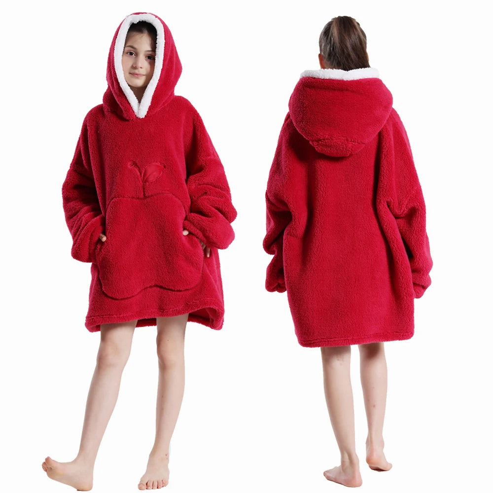 Winter Hoodies for Girls Boys Hooded Flannel Warm Sweatshirts Children's Wearable Blanket with Sleeves Kids 100-160cm Clothing