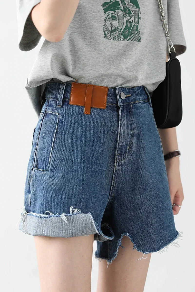CHIC VEN  Women's Denim Shorts Retro Irregularly Cut Blue High-waisted Short Jeans for Women Streetwear Pants Ladies Summer 2022