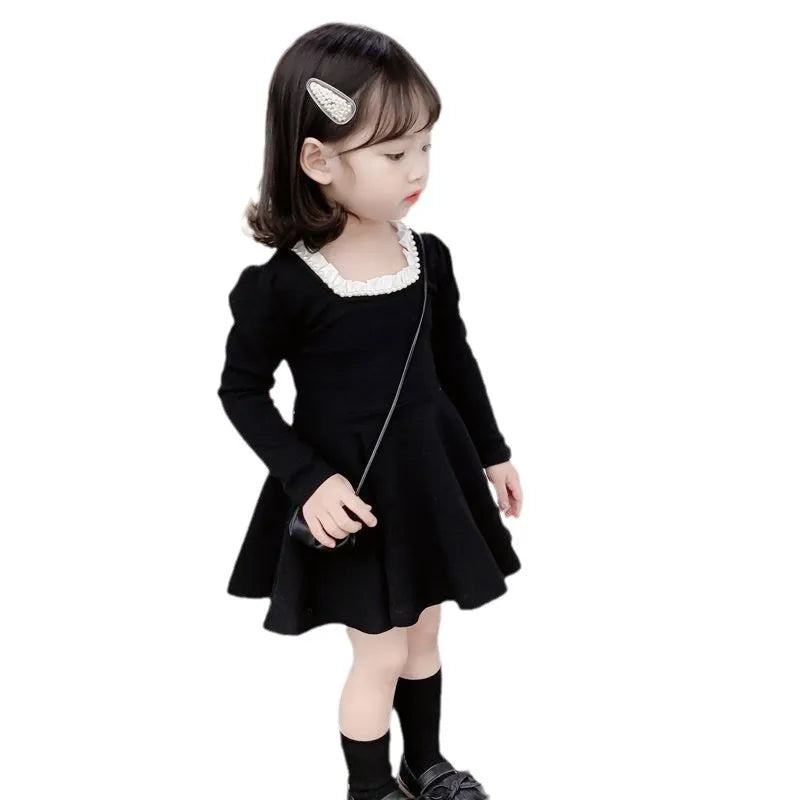 Kids Girls Dress Fashion Long Sleeve Pure Color 2026 New Spring Autumn New Childrens Dress Black Princess Dress