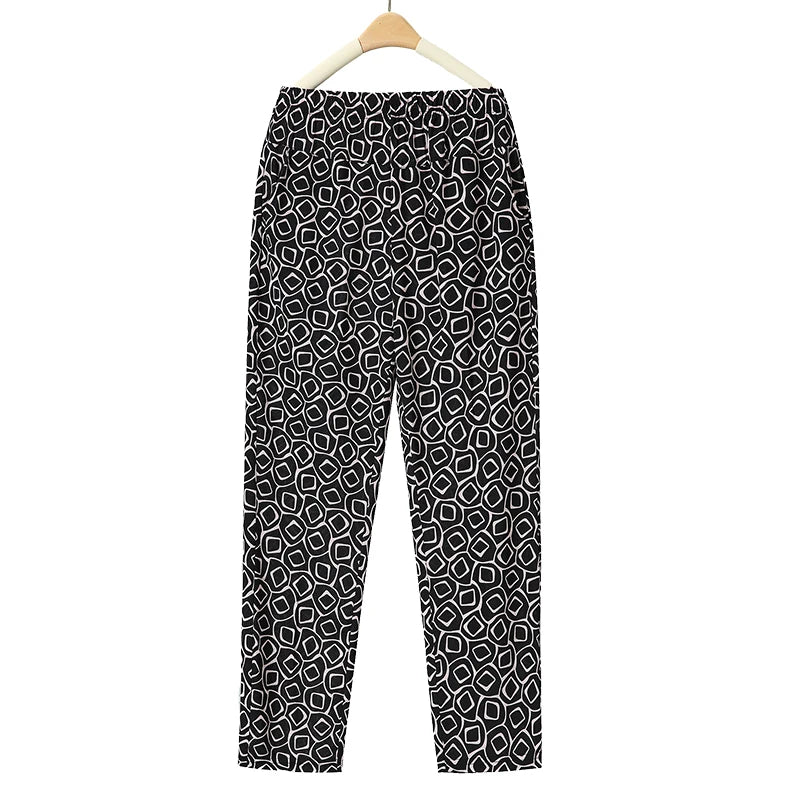 Summer Thin Nine Points Ice Silk Loose Straight Leg Pants High Waist Floral Design for Mom And andma Comfortable Casual Tro...