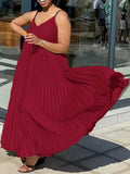 Summer Women Sleeveless Thin Strap Dress V Neck Elegant and Chic Pleated Dress Around Hem Loose Long Soft Dresses Plus Size