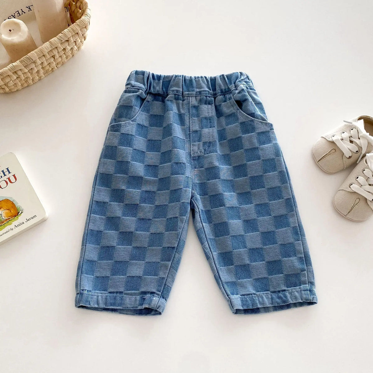 0-5 Y Little Kids Girls Boys Pants Korean Children's Clothes 2026 Cotton Checkered Soft Denim Jeans Stylish Comfortable Trousers