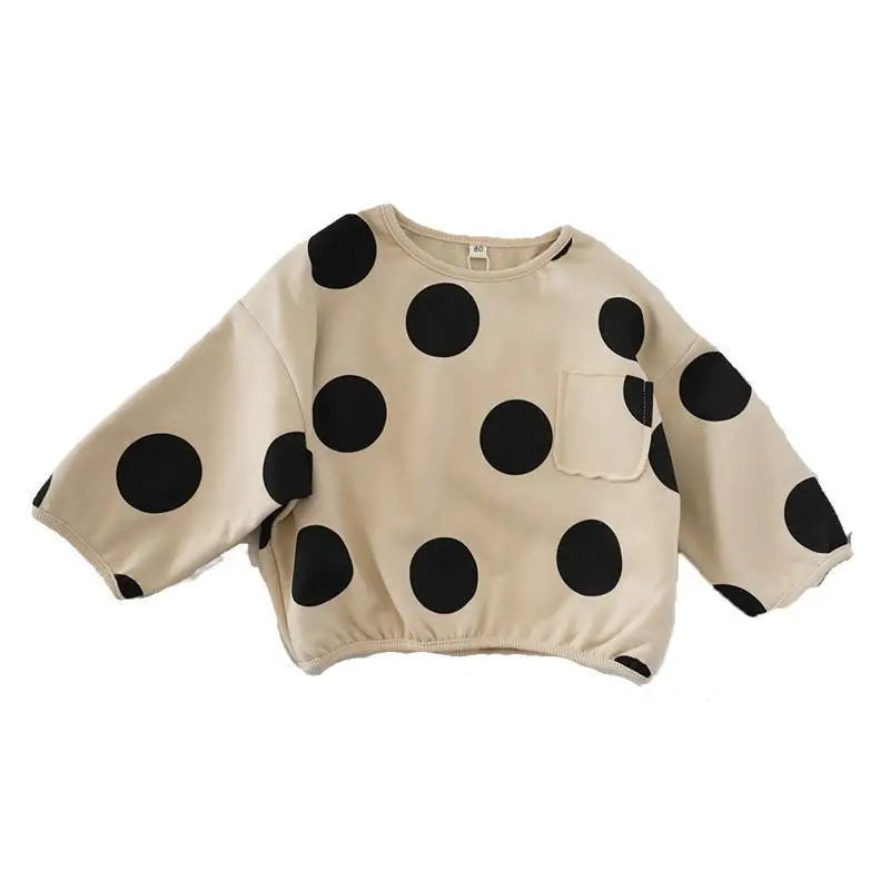 Korean Children Boy Sweatshirt Cotton Retro Dot Printed Toddler Kid Boyd Basic Shirts Loose Round Collar Kids Baby Boy Pullovers