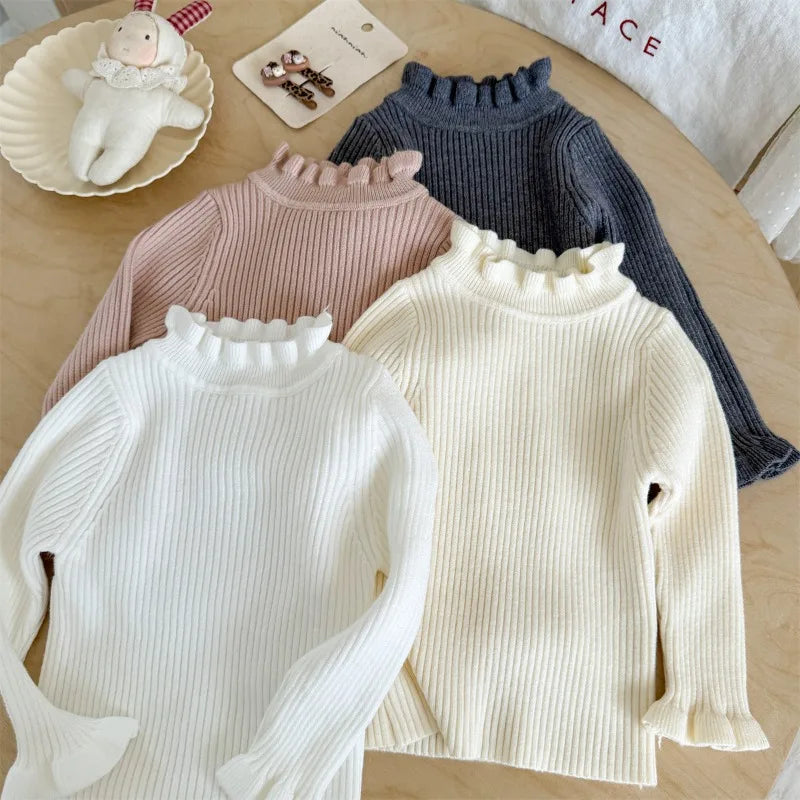 Kids Girls Ruffle Sweaters New Children Thin Knitted Tops Autumn Winter Cotton Pullovers Pink Turtleneck Tops Korean Style Warm