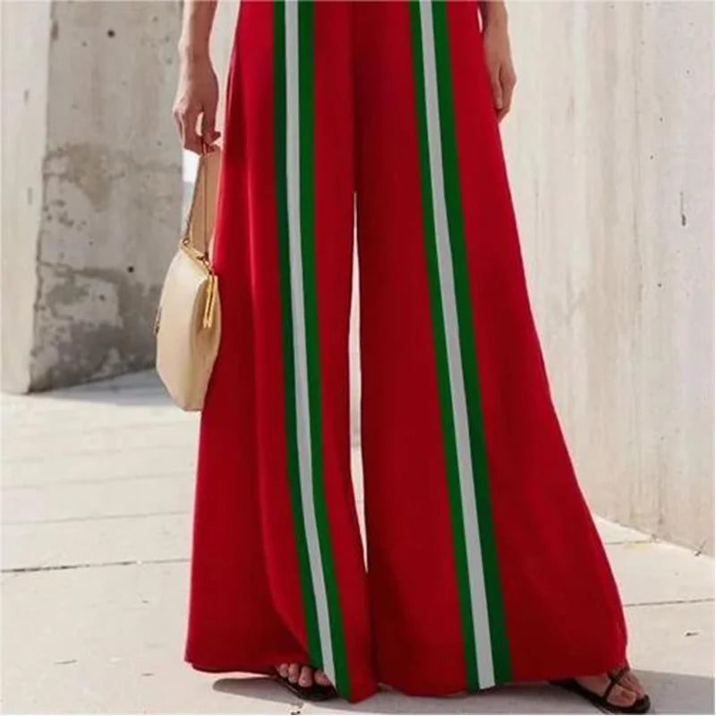 Krisstarsgirls Green White Striped Trousers Women 2025 Summer Spring Red Elastic Waist Wide Leg Contrast Color Long Pants Female