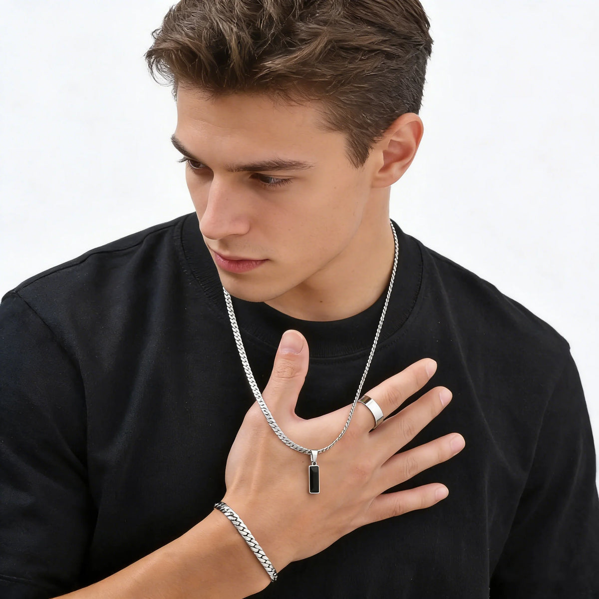 Men's Geometric Square Pendant Necklace, Simple Flat Cuban Chain Bracelet & Ring, Trendy Hip Hop Stainless Steel Jewelry Set