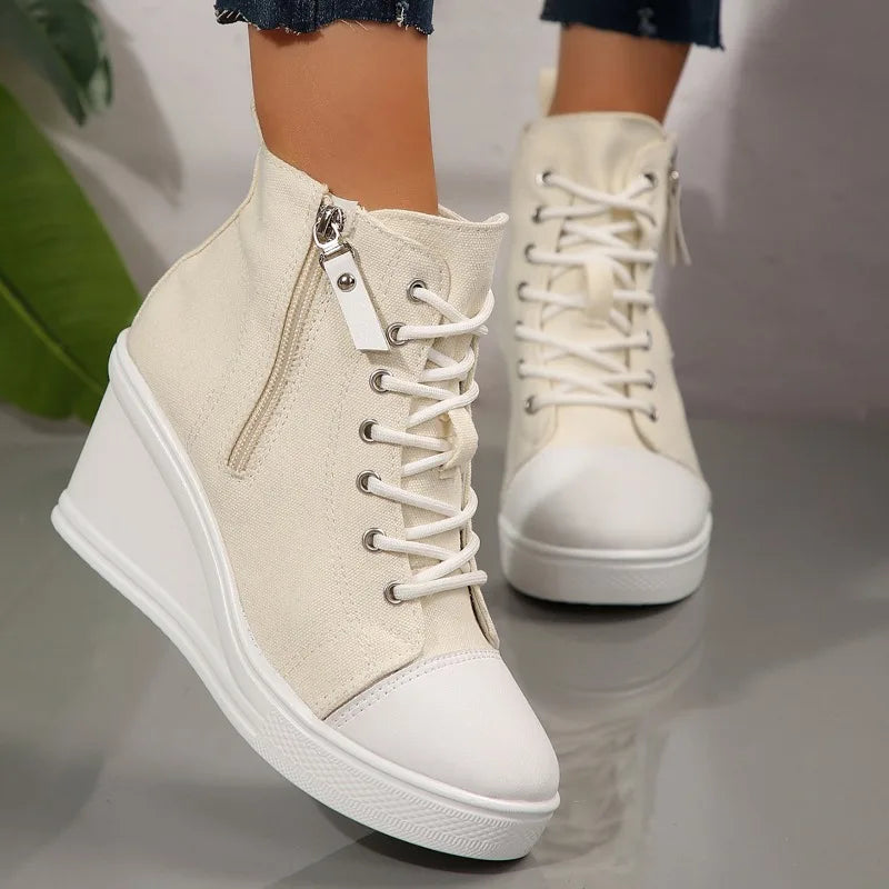 women's sneakers new invisible wedge heels zip lace up classic canvas shoe Platform fashion lightweight high top shoes for women