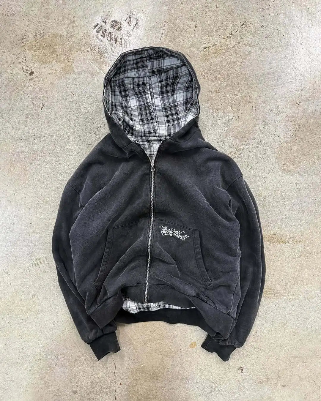 New Autumn And Winter American Retro Letter Embroidery Goth Hoodies Plaid Front And Back Pullover Zipper Cardigan Sweatshirt y2k