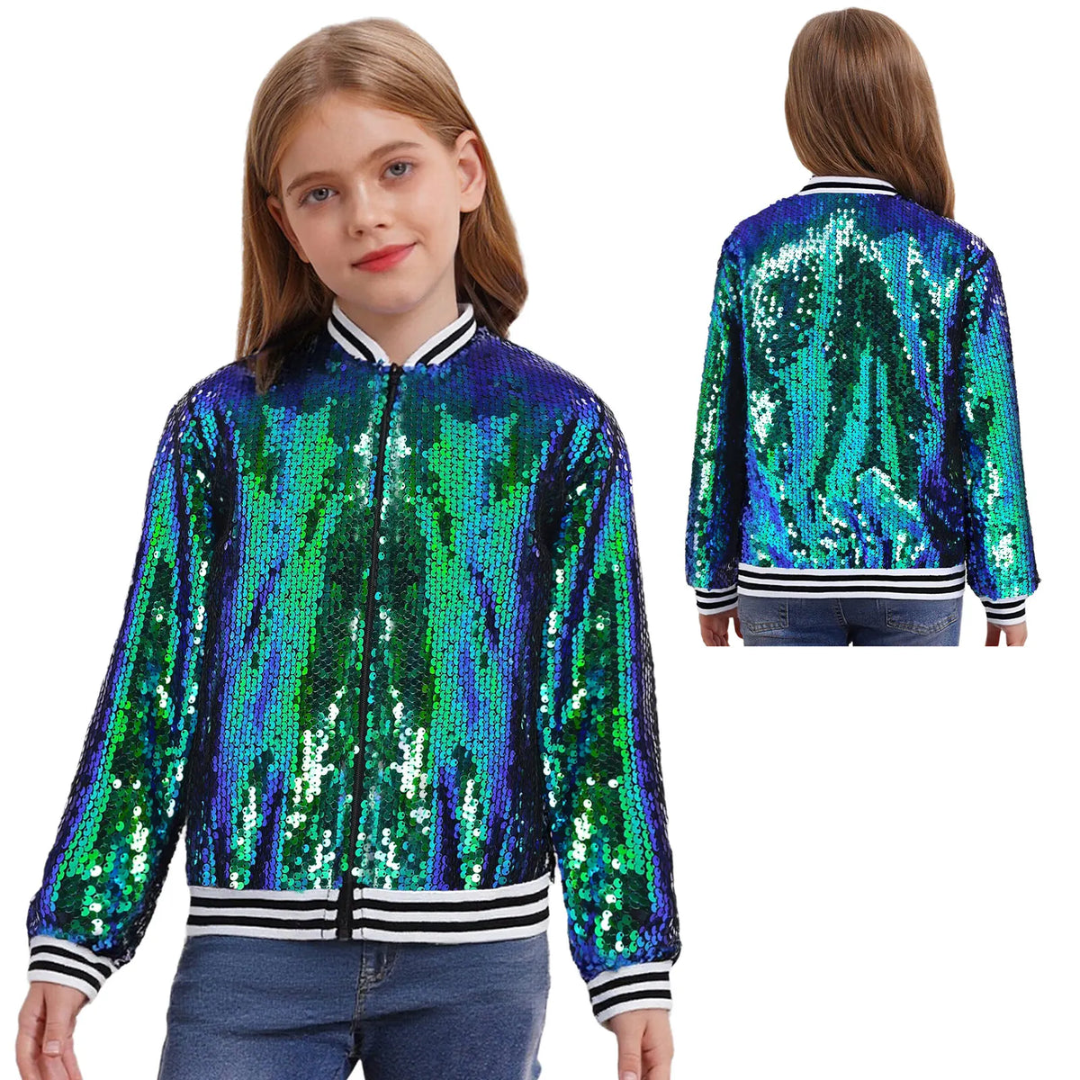 Kids Girls Long Sleeve Fashion Sequin Baseball Jacket Bomber Coat Hip Hop Jazz Street Dance Cheerleading Performance Dancewear