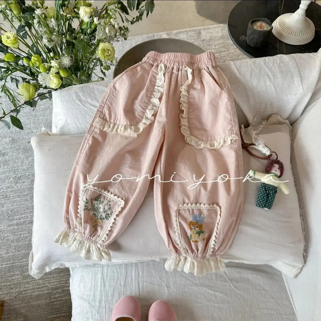Pants Children Girl 2025 Spring New Style Cotton Pink Lace Ruched Embroidered Joggers Sweet Fashion Casual Distinctive