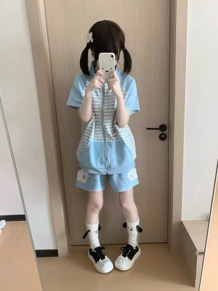 Y2k Japanese Short Sleeve Hoodie Sweet Women Casual Bodycon Kawaii Top Stand Collar Cat Embroidery Zipper Spring Summer