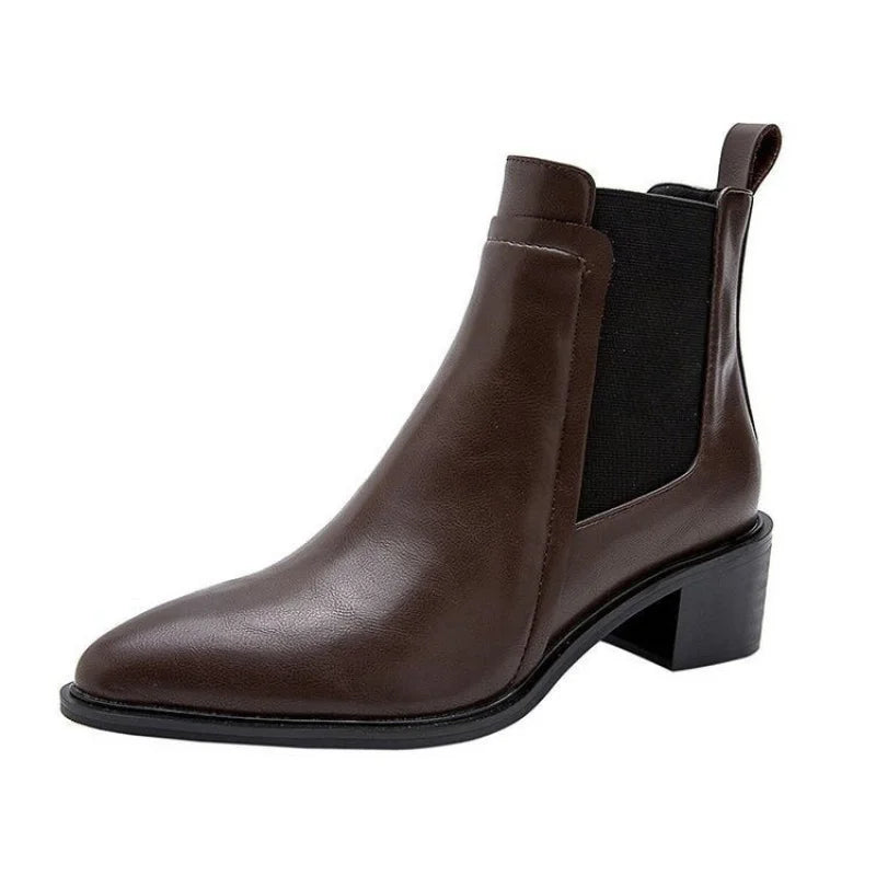 2025 New Women's Chelsea Boots for Autumn/Winter - Pointed Toe Ankle Boots, Leather Mid-Heel Pumps, French Retro Short Boots