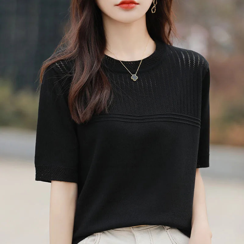 Summer New Round Neck Women's Ice Silk Sweater Temperament Joker Loose Slim Short Sleeve Age-Reducing Fashion Sweater