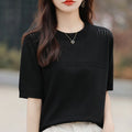 Summer New Round Neck Women's Ice Silk Sweater Temperament Joker Loose Slim Short Sleeve Age-Reducing Fashion Sweater