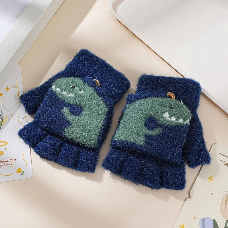 Children's Warm Gloves for Boys and Girls Cartoon Cute Half Finger Knitted Winter Flip Cover Baby Thick Cold Proof Five Fingers