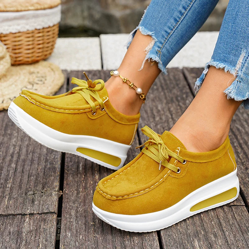 Basic Color Platform Loafers for Women 2026 Spring Light Thick Sole Wedge Sneakers Woman Plus Size Lace Up Non Slip Casual Shoes