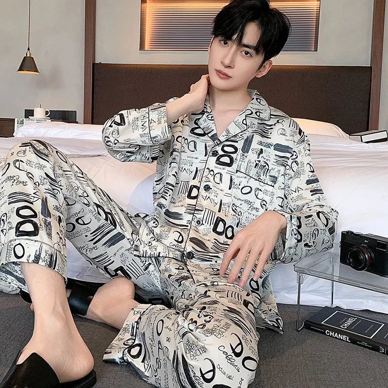 High Quality Men Pajamas Suit Spring Fall Ice Silk High-end Long-sleeved Sleepwear Set Female Ethnic Style Large Size Loungewear