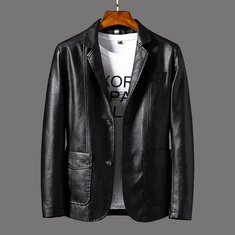 2024 Men's Leather Jackets Lapel Business Pu Blazers Men Solid Casual Slim Button-up Leather Coats Autumn Outwear Plus Size 6XL