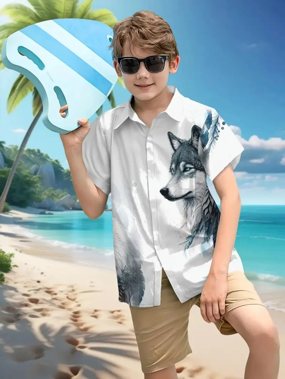 Kid's Boys Top Fashion Personality Print Pattern Stand-Up Collar Short Sleeved Shirt Summer Clothes for Children Boy's 3-9 Years