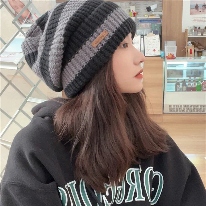 NEW Winter Warm Hats For Women Casual Stacking Knitted Bonnet Caps Men Hats Stripe Hip Hop Unisex Female Beanies