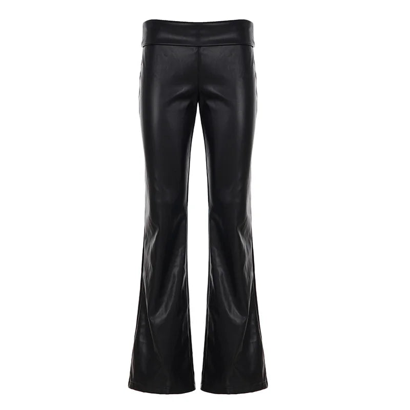 SUCHCUTE Chic Black PU Leather Pants Women Vintage Sexy Low Waist Trousers Y2k Streetwear Club Party Bottom All Match Clothes