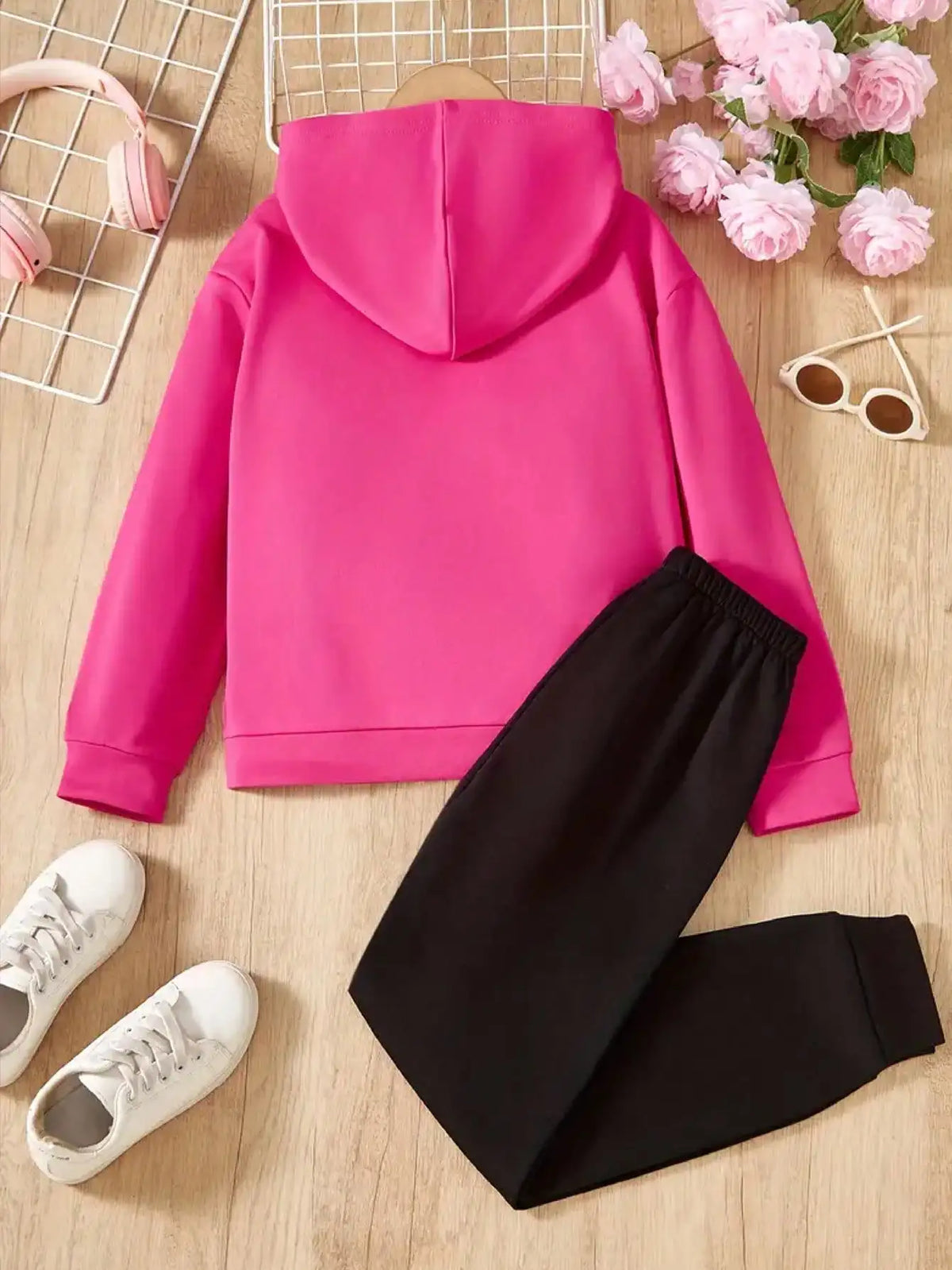 Kids' Autumn Winter Hooded Love Print Sweatshirt And Pants Set Long Sleeve Elastic Waist Comfortable Cotton Outfit for Children