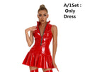 Women's Exotic Leather Dress Wet Look Sexy Bodycon Pleated Latex Dress High Collar Sleeveless Bottom Flare Mini Dresses