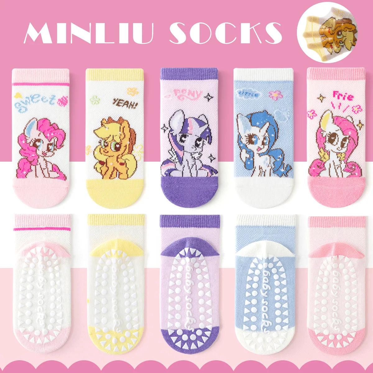5Pairs Kids Non-Slip Sock Cute Cartoon My Little Pony Pattern Baby Girls Floor Socks Comfortable Breathable for Toddler Children