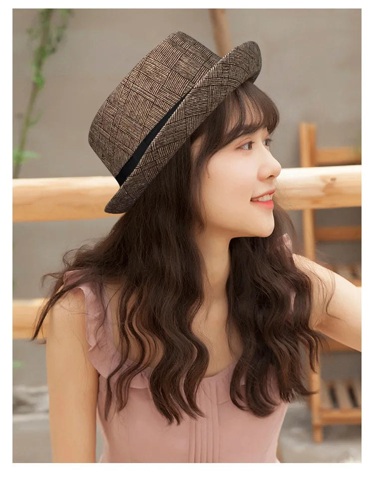New Autumn and Winter Hats for Men British Retro Jazz Hats Round-Top Small Top Hats Women's Classic Plaid Gentleman-Style Hats