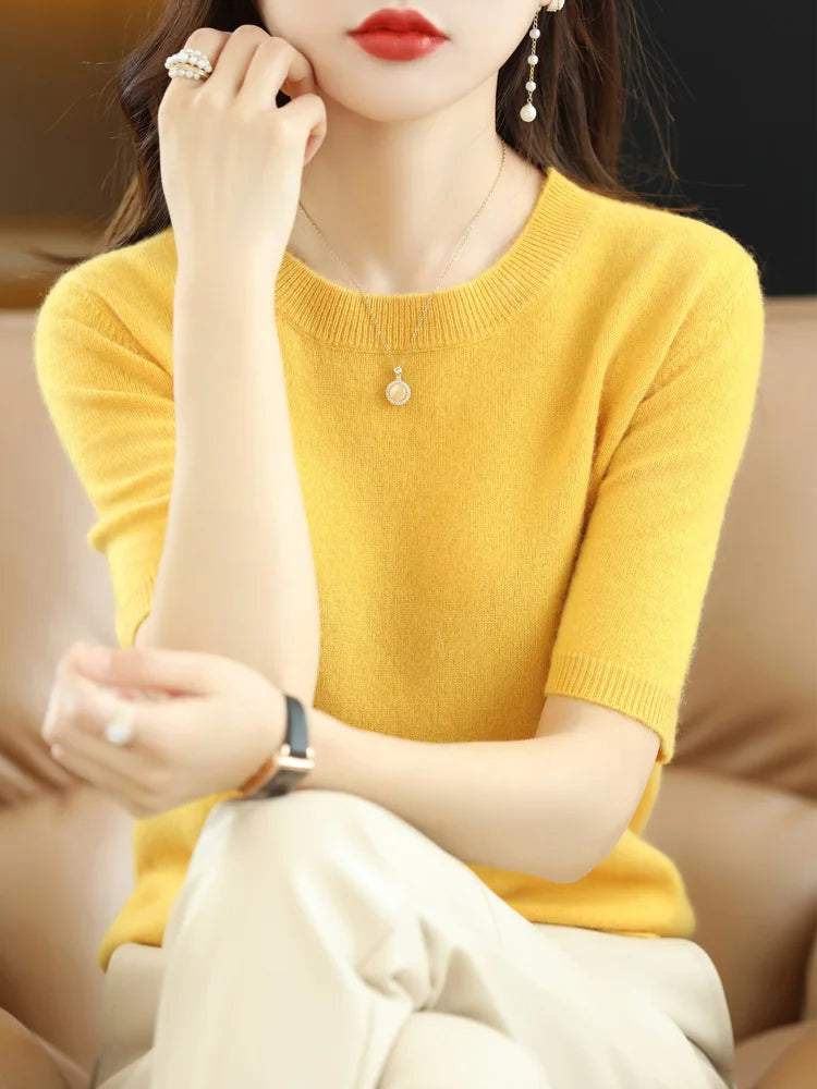 Short Sleeves Women's Sweater O-neck Bottoming Shirts Solid Spring Summer Korean Fashion Sweater Knit Top Casual Basic Pullovers