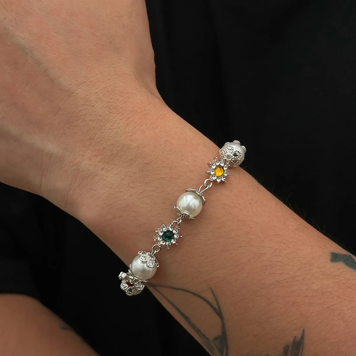 KunJoe Creative Shining Inlaid Rhinestones Imitation Pearl Bracelet for Men Fashion Statement Hand Bracelet Male Street Jewelry