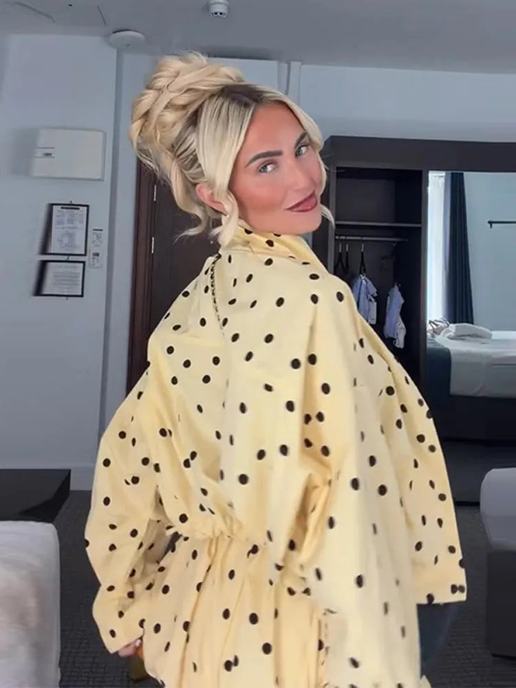 Polka Dot Pleated Coats Shorts 2 Pieces Set Women's Full Sleeves Draw-string Top Straight Short 2026 New Ladies Autumn Outwear