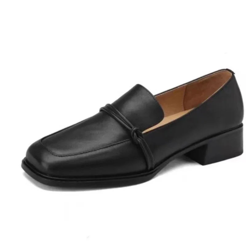 Classic Loafers Women Genuine Cow Leather Square Toe Pumps Slip-on Retro Lady Casual Cozy Shoes Handmade Size 40