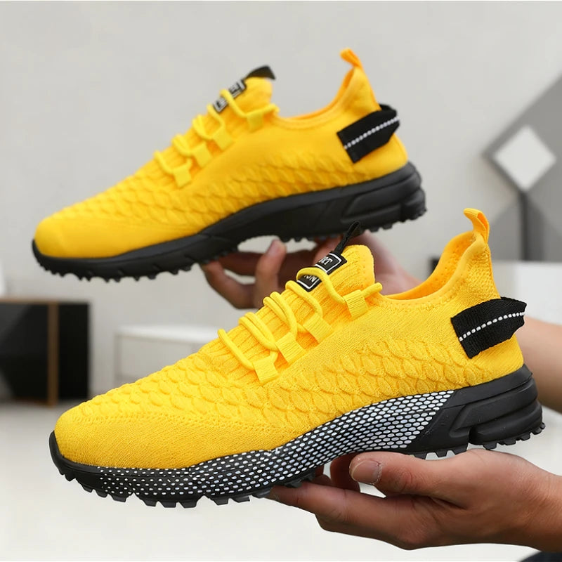 Men's Shoes 2025 Hot Sale Yellow Knit Sport Sneakers Lightweight Mesh Non-Slip Casual Trainers Comfortable Outdoor Running Shoes