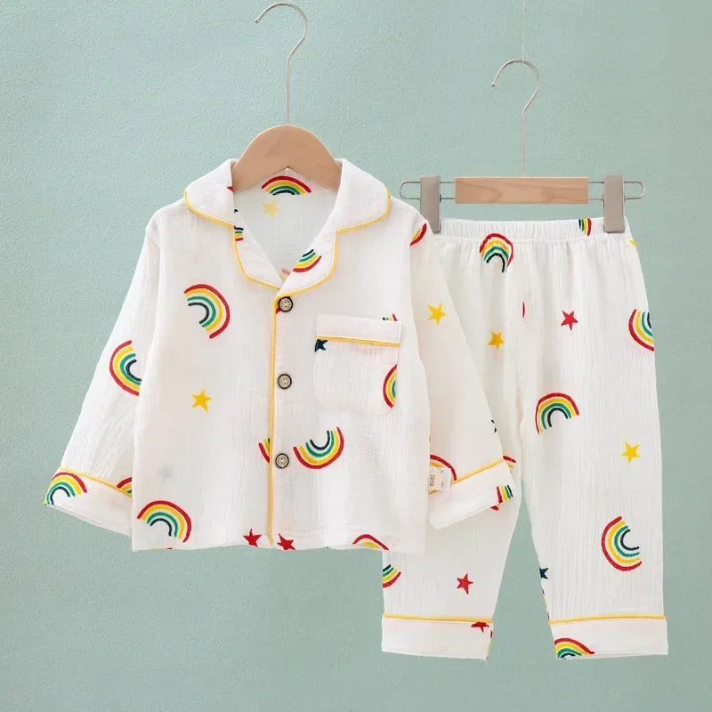 Kids Summer Thin Pajamas Sets New 2023 Boys Girls Cotton Linen Cartoon Long Sleeve Lapel Shirt Tops with Pants Baby Home Wear