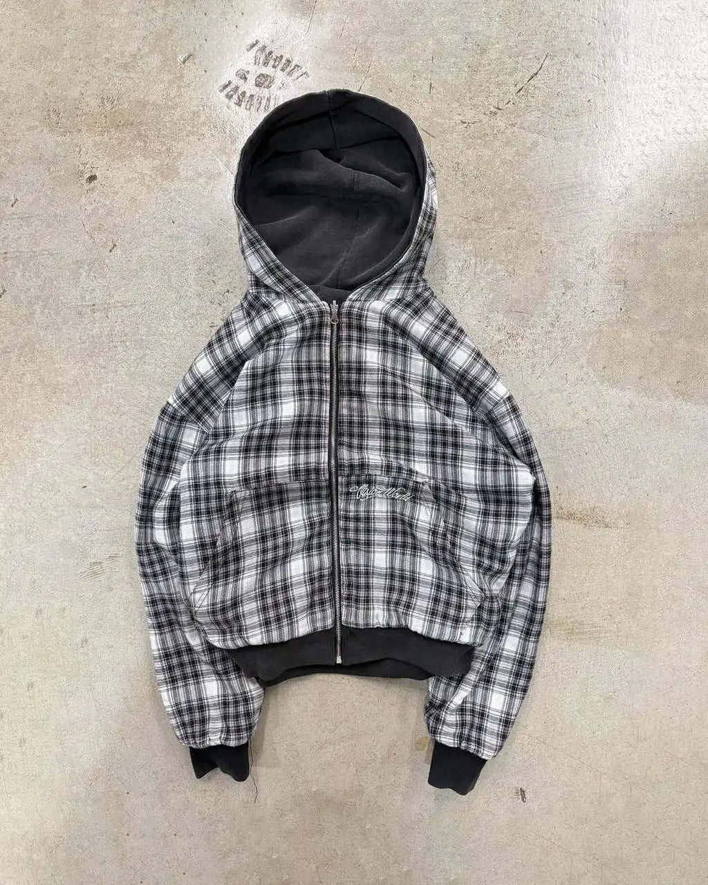 New Autumn And Winter American Retro Letter Embroidery Goth Hoodies Plaid Front And Back Pullover Zipper Cardigan Sweatshirt y2k