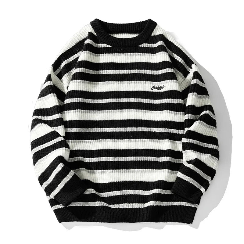 Vintage Striped Knitted Sweaters for Men Autumn Winter New Casual O-neck Embroidered Pullovers Street Style Couple Sweater Coats