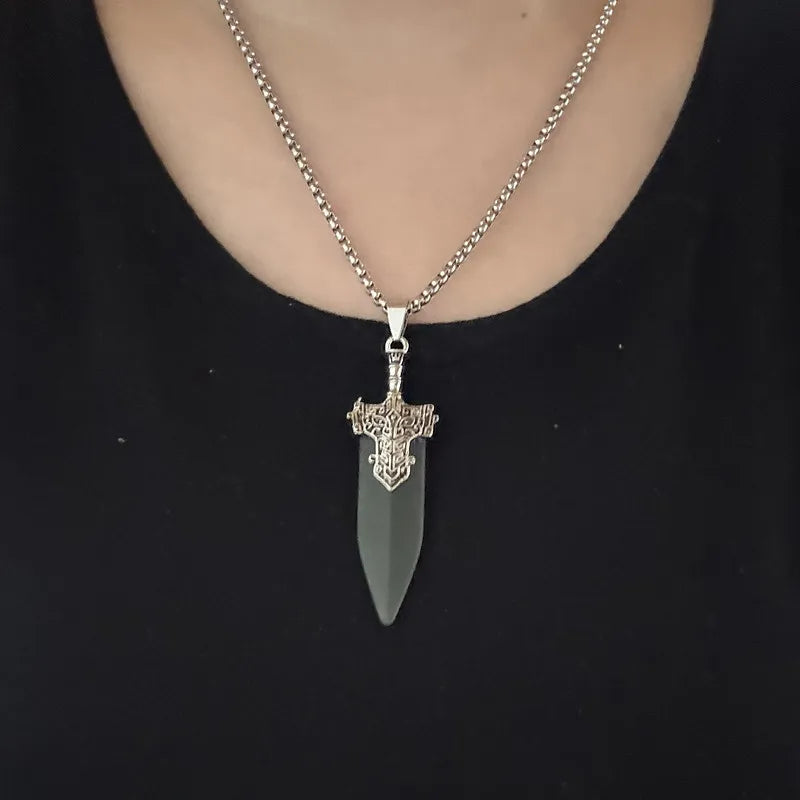 Game Jewelry Men Imitation Jade Sword Necklace Hip hop Necklace Green Vintage Stone Pendant For Man Fans Gifts