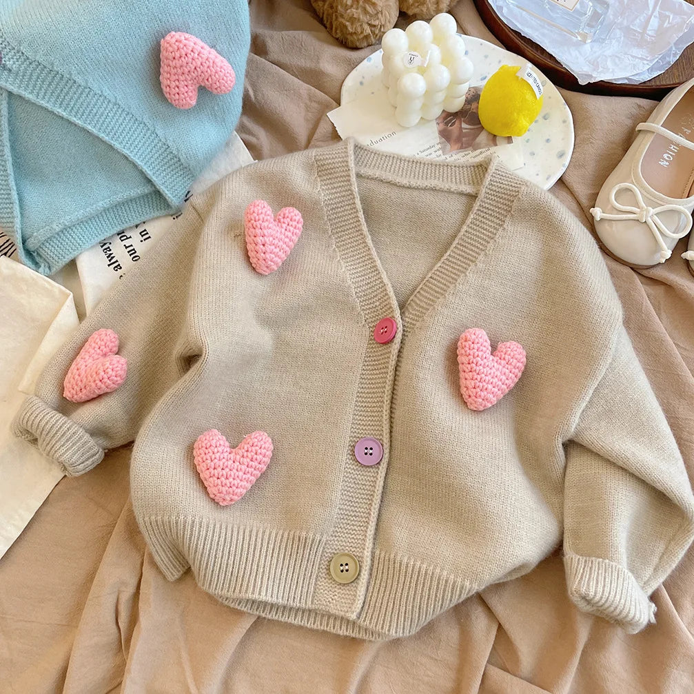 Girls Sweaters Coat Three-Dimensional Love Knitted Cardigan Jacket Autumn Winter Baby Girl Clothes Korean Kids Clothing 2-8Y