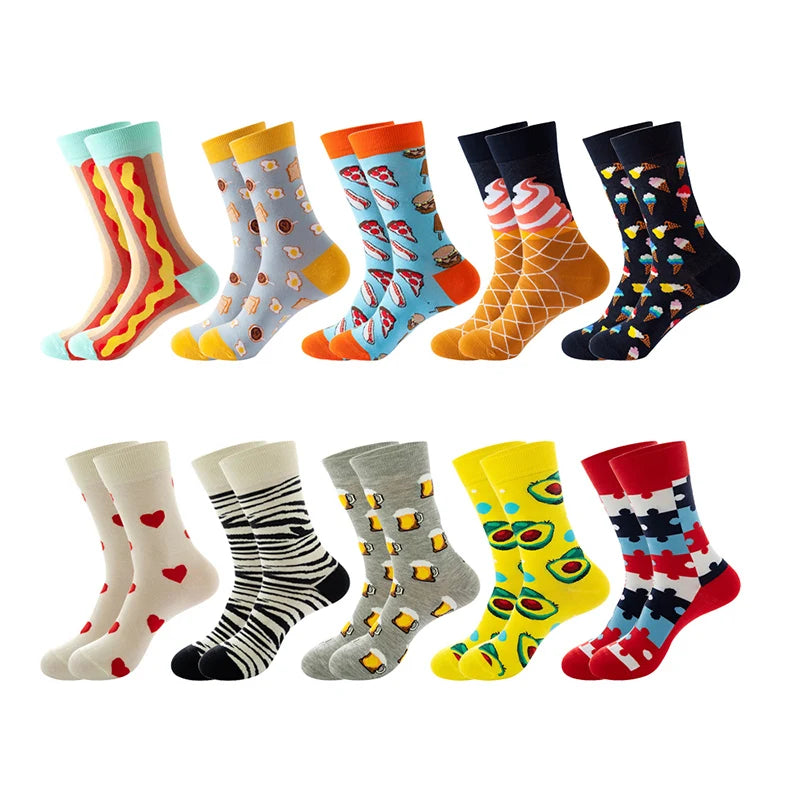 Funny Socks Men Women Casual Cartoon Beer Hamburger Egg Sausage Ice Cream Avocado Heart Sokken Unisex Novelty Skateboard Meias