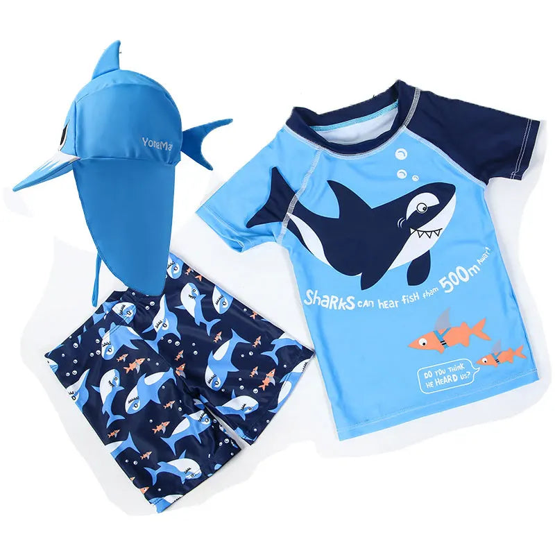 1-7Y Kids Boys Two-Piece Swimsuit Swimwear Toddler Bathing Suit Beachwear Shark Style Top Boyshort 3D Sunhat 3pcs/set Blue