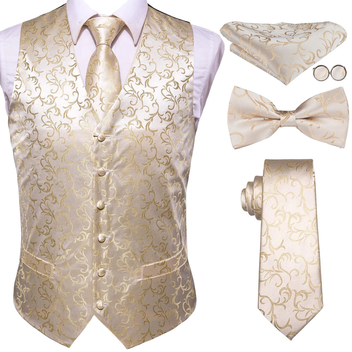 Luxury Gold Mens Suit Vest Red Blue Green Yellow Red Waistcoat Tie Bowtie Hanky Cufflinks Set Male Waist Jacket Wedding Office