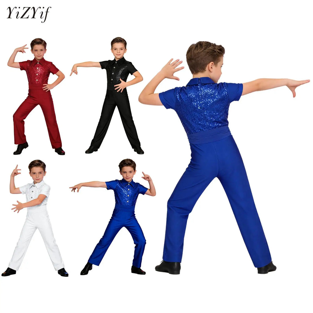 Kids Boys Ballroom Jersey Ballet Latin Jazz Dance Jumpsuit Sequins Long Pants Bodysuit 60s 70s Disco Stage Performance Clothes