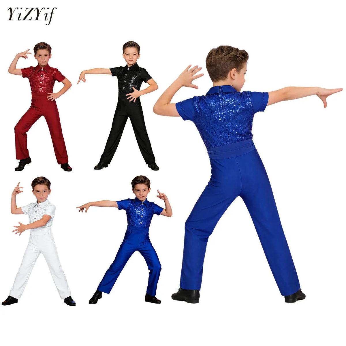 Kids Boys Ballroom Jersey Ballet Latin Jazz Dance Jumpsuit Sequins Long Pants Bodysuit 60s 70s Disco Stage Performance Clothes
